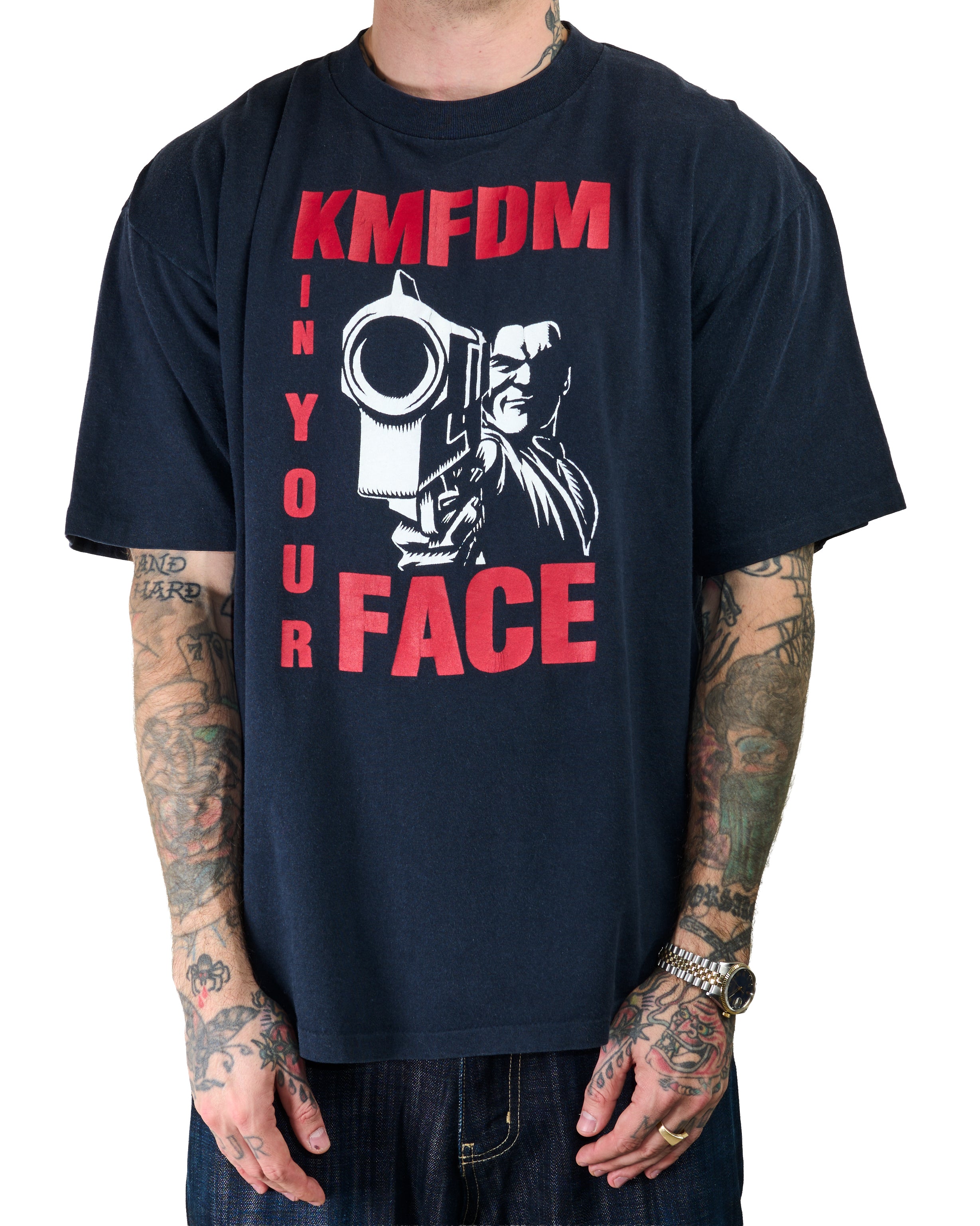 未着用KMFDM 1995年NIHIL ヴィンテージTシャツ デッドストックL Vintage 1995 KMFDM In Your Face Tour T-Shirt – Mills Vintage USA