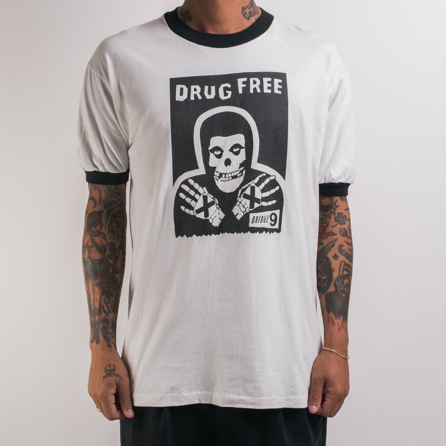 Vintage 90’s Bridge Nine Records Drug Free Misfits Rip Ringer T-Shirt